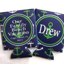 Load image into Gallery viewer, Nautical Vacation Huggers. Personalized Nautical Bachelorette or Birthday Coolies. Cruise Vacation Favors. Nautical Wedding Shower Favors.