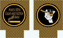 Load image into Gallery viewer, Cigar party favors. Guy's Cigar Birthday Party Huggers! Cigar Bachelor Party Gifts. Bourbon Party Coolies. Cigar Scotch Themed Can Coolies