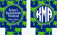 Load image into Gallery viewer, Navy Palm Tree Vacation Huggers. Bachelorette or Birthday Beach Favors. Slim Beach Bachelorette Party Favors.Personalized vacation Huggers!