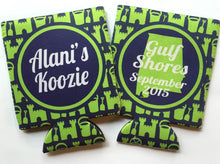 Load image into Gallery viewer, Sand Castle Vacation Huggers. Personalized Beach Bachelorette or Birthday Coolies. Beach Family Vacation Favors! Family Reunion too!