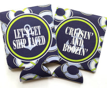 Load image into Gallery viewer, Nautical Life Preservers Beverage Insulators. Personalized Nautical Bachelorette or Birthday. Monogramed Huggers. Nautical Wedding Coolies!