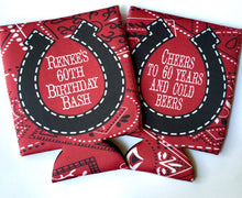 Load image into Gallery viewer, Western Birthday or Bachelorette Party Can Coolers. Personalized Western Coolies. Monogram Huggers. Personalized Coolies!