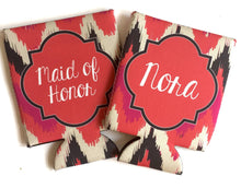 Load image into Gallery viewer, Ikat Party Huggers. Birthday or Bachelorette Coolies. Monogram Bachelorette Party Favors. Boho Chic Bride Tribe Party Coolies.