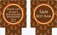 Load image into Gallery viewer, Bachelor Party Antler Huggers. Guy's Antler Birthday Coolies! Bachelor Party Favors. Guys Weekend Can Huggers. Hunter Drink Huggers.