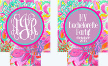 Load image into Gallery viewer, Floral Party Can Coolies. Tropical Flowers Beverage Insulators.Monogram Bridesmaid or Bachelorette Party Favors.Girl's Weekend Beach Favors.