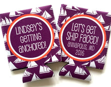 Load image into Gallery viewer, Nautical Ship Can Coolers. Preppy Nautical Huggers. Nautical Ship Faced Party Favors. Personalized Birthday Coolies!