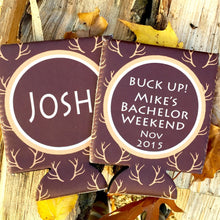 Load image into Gallery viewer, Bachelor Party Antler Huggers. Guy's Antler Birthday Coolies! Bachelor Party Favors. Guys Weekend Can Huggers. Hunter Drink Huggers.