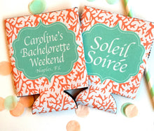 Load image into Gallery viewer, Coral Wedding or Bachelorette Huggers. Personalized Beach Bachelorette Solo Cup Coolies. Monogram Beach Huggers. Coral Beach Party Favors!