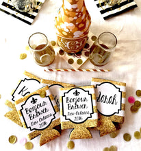 Load image into Gallery viewer, New Orleans Gold "Glitter" Coolies. NOLA Bachelorette or Birthday Party Coolies. New Orleans Party Favors. Personalized NOLA Coolies!