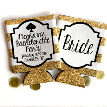 Load image into Gallery viewer, Gold and White Glitter Vegas Huggers. "Glitter" Bachelorette or Birthday Huggers. Personalized Gold Glitter Bachelorette Party Favors.