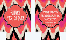 Load image into Gallery viewer, Ikat Party Huggers. Birthday or Bachelorette Coolies. Monogram Bachelorette Party Favors. Boho Chic Bride Tribe Party Coolies.