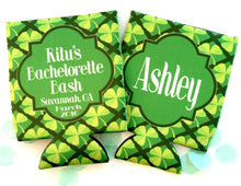 Load image into Gallery viewer, Shamrock Huggers. St Patrick's Day Party Favors. St Patricks Bachelorette Koolies. Monogram Irish Party Favors. Personalized Can Coolers!
