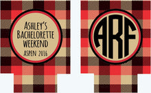 Load image into Gallery viewer, Plaid Lumberjack Party Huggers. Birthday Party Coolies! Bachelorette or Bachelor Party Favors too! Family Vacation Coolies. Plaid Can Koolie