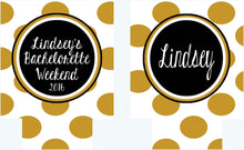 Load image into Gallery viewer, Gold and White Polka Dot Huggers. Bachelorette or Birthday Huggers. Personalized Gold and Black Bachelorette Party Favors.