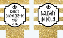 Load image into Gallery viewer, New Orleans Gold "Glitter" Coolies. NOLA Bachelorette or Birthday Party Coolies. New Orleans Party Favors. Personalized NOLA Coolies!