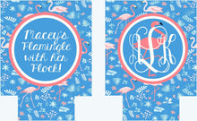 Load image into Gallery viewer, Blue Flamingo Party Huggers. Beach Birthday or Girls Weekend. Slim Flamingle Bachelorette Party Favors. Personalized Beach Flamingo Favors.