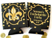 Load image into Gallery viewer, New Orleans Gold GlitterPolka Dot Huggers. NOLA Bachelorette or Birthday Party Coolies. New Orleans Party Favors. Personalized NOLA Coolies!