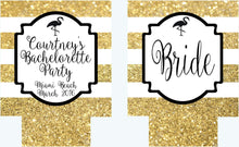 Load image into Gallery viewer, Gold and White Flamingo "Glitter" Huggers. Glitter Bachelorette or Birthday.Personalized Gold Glitter Beach Bachelorette Party Favors.