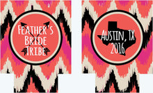 Load image into Gallery viewer, Ikat Party Huggers. Birthday or Bachelorette Coolies. Monogram Bachelorette Party Favors. Boho Chic Bride Tribe Party Coolies.