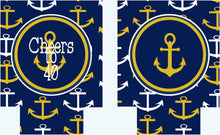 Load image into Gallery viewer, Nautical Vacation Huggers. Navy Nautical Bachelorette or Birthday Coolies. Monogram Anchor Huggers. Nautical Wedding Shower Favors!
