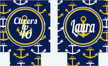 Load image into Gallery viewer, Nautical Vacation Huggers. Navy Nautical Bachelorette or Birthday Coolies. Monogram Anchor Huggers. Nautical Wedding Shower Favors!