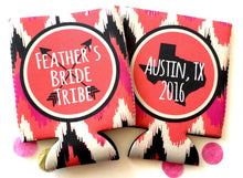 Load image into Gallery viewer, Ikat Party Huggers. Birthday or Bachelorette Coolies. Monogram Bachelorette Party Favors. Boho Chic Bride Tribe Party Coolies.