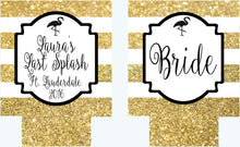 Load image into Gallery viewer, Gold and White Flamingo "Glitter" Huggers. Glitter Bachelorette or Birthday.Personalized Gold Glitter Beach Bachelorette Party Favors.