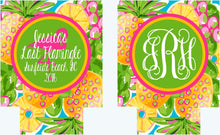 Load image into Gallery viewer, Pineapple and Flamingo Huggers. Tropical Bachelorette or Birthday Coolies. Monogram Pineapple Huggers. Pineapple Wedding Shower Huggers!