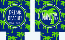 Load image into Gallery viewer, Navy Palm Tree Vacation Huggers. Bachelorette or Birthday Beach Favors. Slim Beach Bachelorette Party Favors.Personalized vacation Huggers!