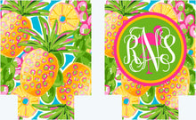 Load image into Gallery viewer, Pineapple and Flamingo Huggers. Tropical Bachelorette or Birthday Coolies. Monogram Pineapple Huggers. Pineapple Wedding Shower Huggers!