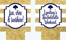 Load image into Gallery viewer, Gold and White Glitter Vegas Huggers. "Glitter" Bachelorette or Birthday Huggers. Personalized Gold Glitter Bachelorette Party Favors.