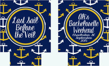 Load image into Gallery viewer, Nautical Vacation Huggers. Navy Nautical Bachelorette or Birthday Coolies. Monogram Anchor Huggers. Nautical Wedding Shower Favors!