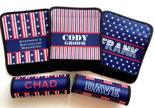 Load image into Gallery viewer, Guys USA Neoprene luggage finder. Custom Bag Tag. Personalized red white and blue suitcase identifier. Teacher Gift! Great Groomsman gifts!