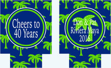 Load image into Gallery viewer, Navy Palm Tree Vacation Huggers. Bachelorette or Birthday Beach Favors. Slim Beach Bachelorette Party Favors.Personalized vacation Huggers!