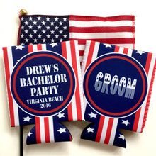 Load image into Gallery viewer, Ski Party Huggers. 'Merica Birthday Ski Coolies! Ski Party Gifts. Flag Birthday Koolies. Ski Vacation Huggers