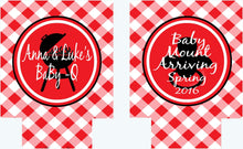 Load image into Gallery viewer, Baby Q Baby Shower Drink Insulators. BBQ Baby Shower Favors. Baby Shower Favors. Gender Reveal Party Favors. Personalized Baby Q Coolies!