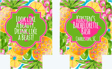Load image into Gallery viewer, Pineapple and Flamingo Huggers. Tropical Bachelorette or Birthday Coolies. Monogram Pineapple Huggers. Pineapple Wedding Shower Huggers!
