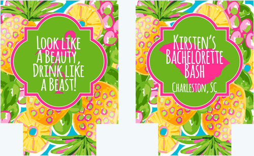 Pineapple and Flamingo Huggers. Tropical Bachelorette or Birthday Coolies. Monogram Pineapple Huggers. Pineapple Wedding Shower Huggers!