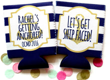 Load image into Gallery viewer, Navy and White &quot;Glitter&quot; Anchor Huggers. Nautical Bachelorette or Birthday Huggers. Nautical Slim Can Party Favors. Nautical Wedding Favors

