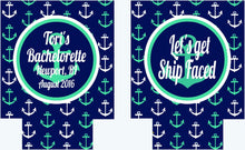 Load image into Gallery viewer, Navy and Mint Nautical Anchor Huggers. Personalized Nautical Bachelorette or Birthday Coolies.Nautical Party Favors. Wedding Shower Huggers!
