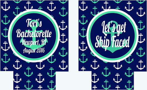 Navy and Mint Nautical Anchor Huggers. Personalized Nautical Bachelorette or Birthday Coolies.Nautical Party Favors. Wedding Shower Huggers!