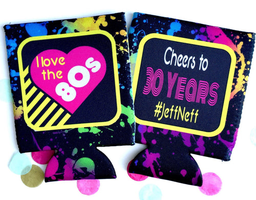 80's Theme Party Huggers. Neon 80's Birthday or Bachelorette Huggers. Retro Birthday Coolies. 80's Prom Party favors!