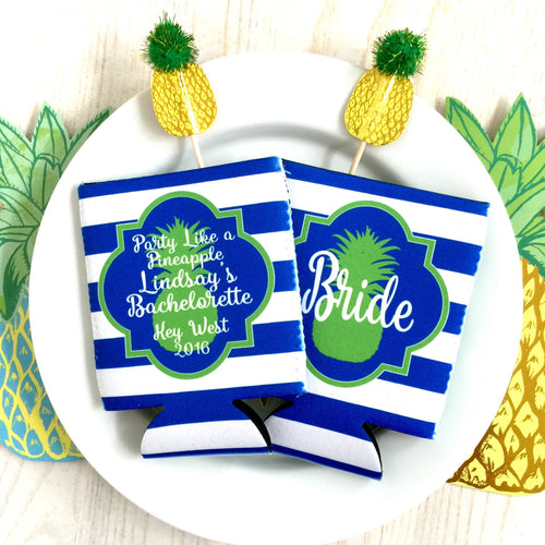 Beach Striped Party huggers. Pineapple Bachelorette or Birthday Coolies.Pineapple Wedding Shower Favors! Pineapple party huggers.