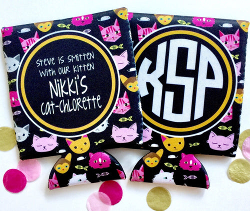 Cat Party Huggers. Cat Bachelorette huggers. Monogram Bachelorette Party Favors. Personalized Cat Birthday Can or Bottle Coolies!