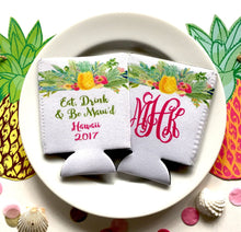 Load image into Gallery viewer, Pineapple Vacation Huggers. Tropical Bachelorette or Birthday Coolies. Monogram Pineapple Huggers. Pineapple Wedding Shower Huggers!
