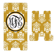 Load image into Gallery viewer, Gold Damask Cell Phone Stand. Name or Monogram! Great Custom teacher or Coworker gift!  Personalized Gift for mom or daughter!
