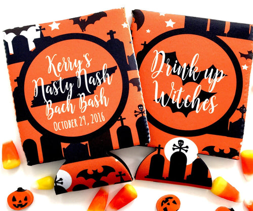 Halloween Graveyard Huggers. Personalized Halloween Coolies. Monogrammed Halloween Huggers. Halloween Wedding Shower Huggers!