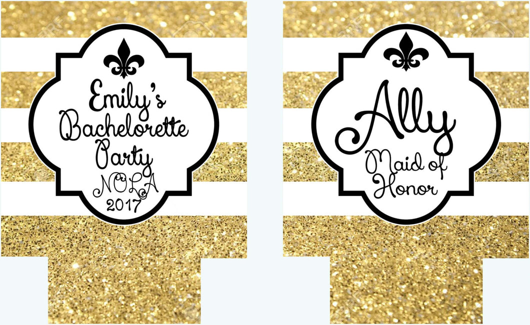 New Orleans Gold "Glitter" Party Huggers. NOLA Bachelorette or Birthday Party Coolies. New Orleans Party Favors. Personalized NOLA Coolies!