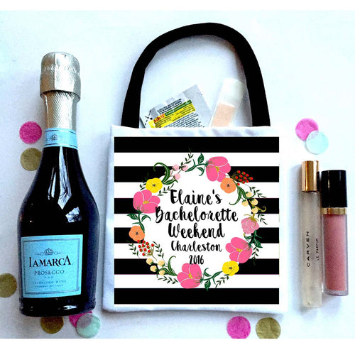 Black Stripe Wreath Hangover Bags. Black and White party favor bags. Oh Shit Kits! EMPTY Bachelorette or Wedding Hangover Tote Bag.