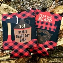 Load image into Gallery viewer, Buffalo Plaid Beard Party Huggers. Birthday or Bachelor Party Favors too! Hipster Party Coolies. Plaid party huggers. Fear The Beard!
